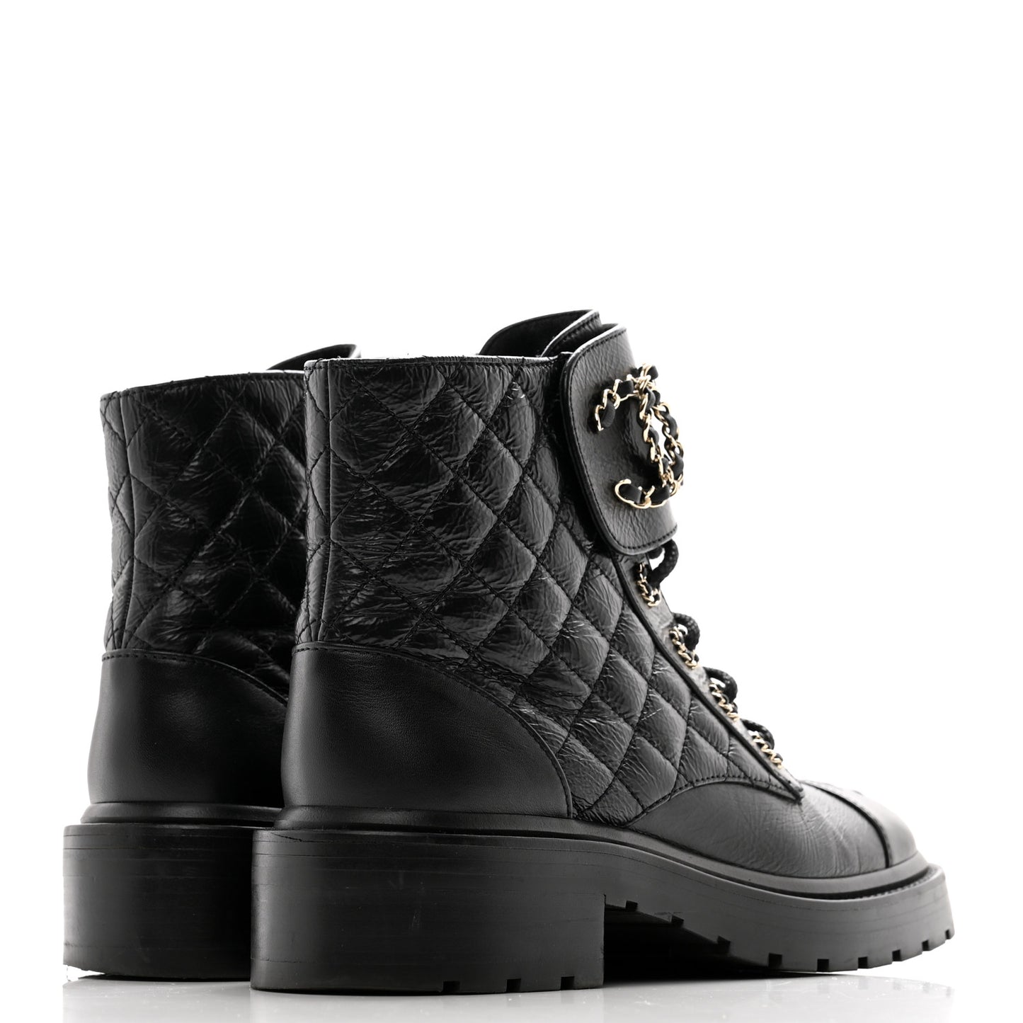 Shiny Goatskin Calfskin Quilted Lace Up Combat Boots 37 Black