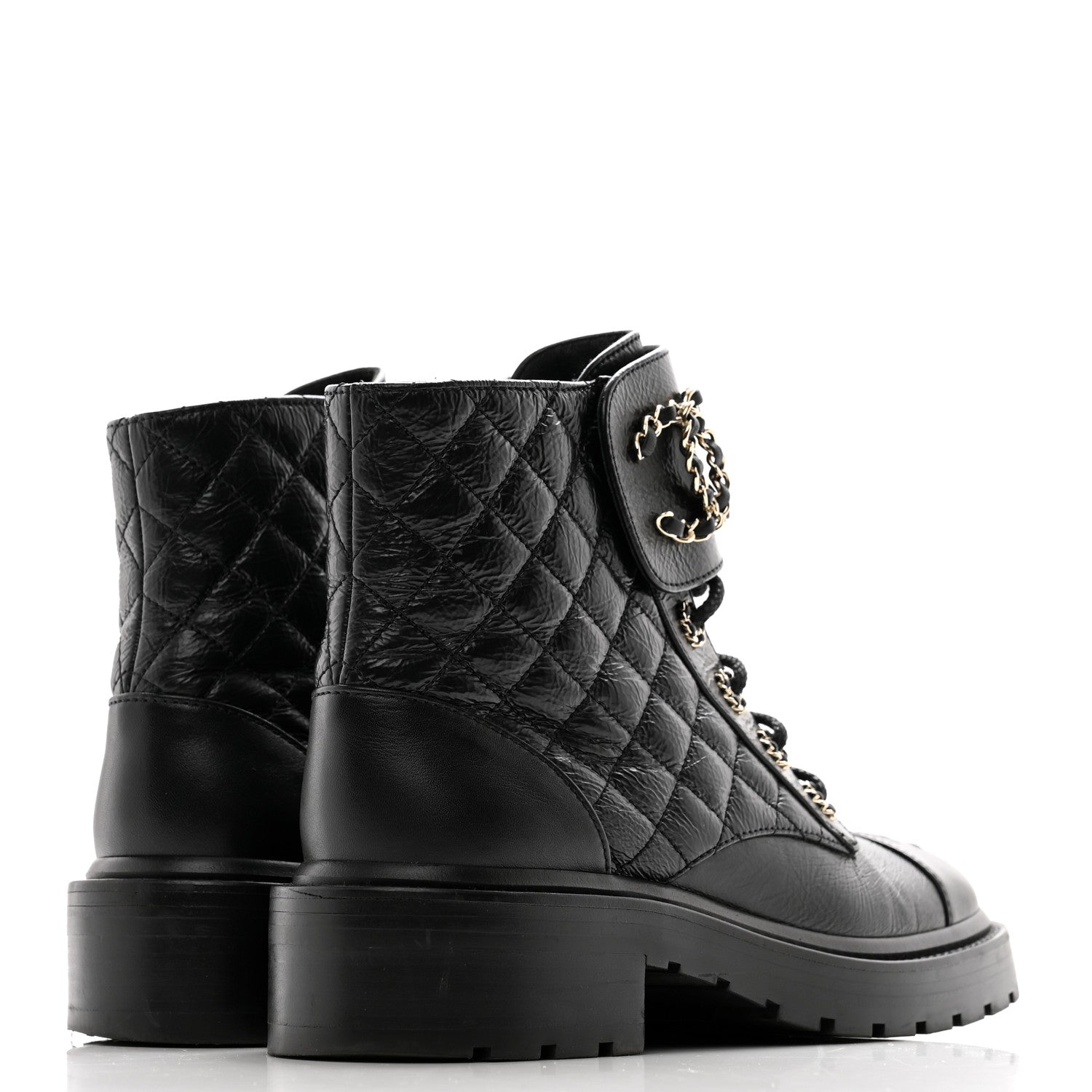 Chanel Shiny Goatskin Calfskin Quilted Lace Up Combat Boots 37 Black 4 of 11