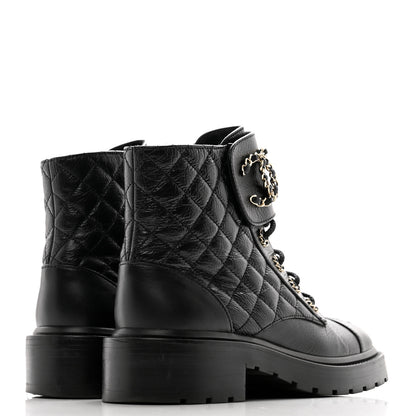 Chanel Shiny Goatskin Calfskin Quilted Lace Up Combat Boots 37 Black 4 of 11
