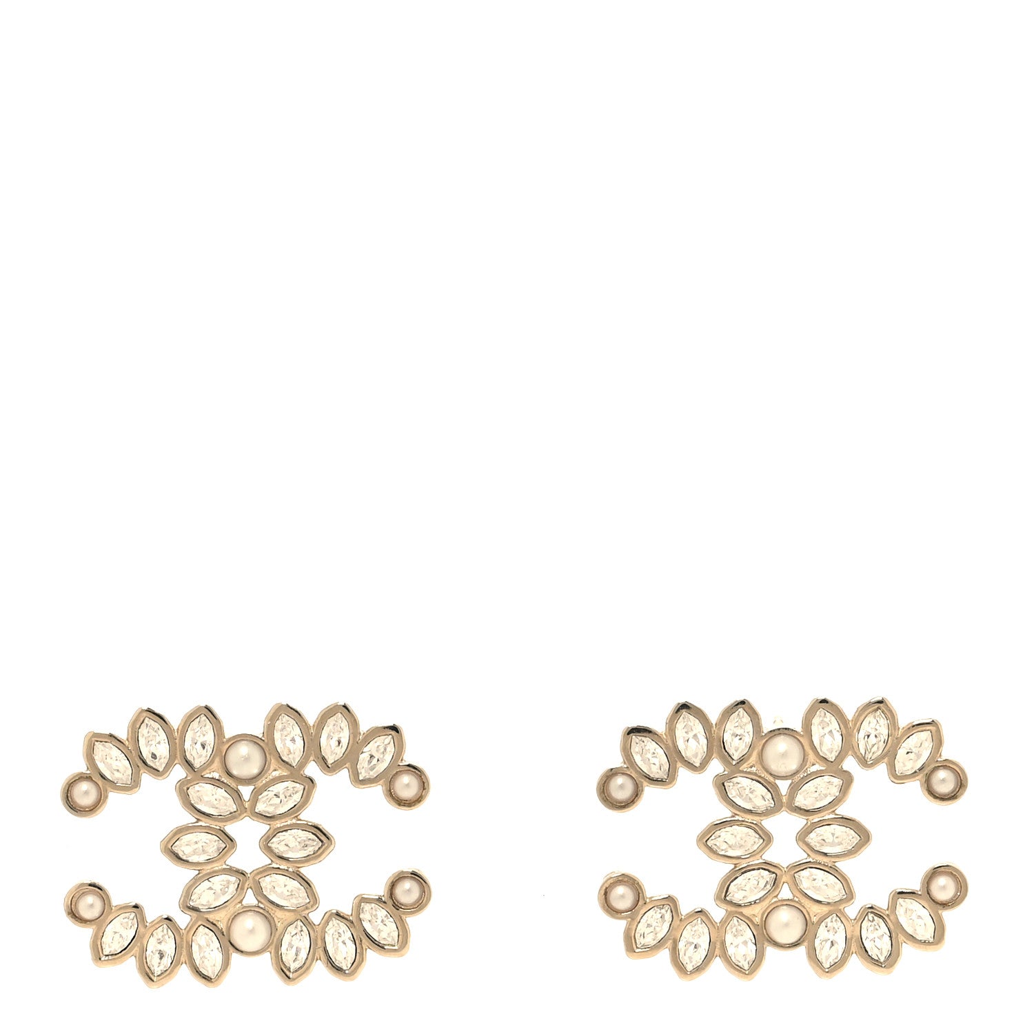 Chanel Pearl Marquise Crystal CC Earrings Gold White 1 of 5