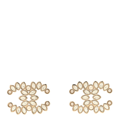 Chanel Pearl Marquise Crystal CC Earrings Gold White 1 of 5
