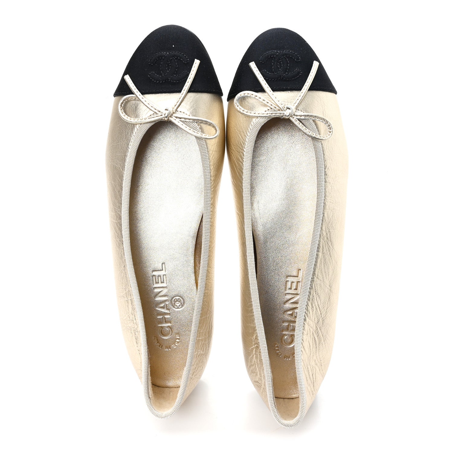 Chanel Metallic Laminated Lambskin Grosgrain CC Cap Toe Ballerina