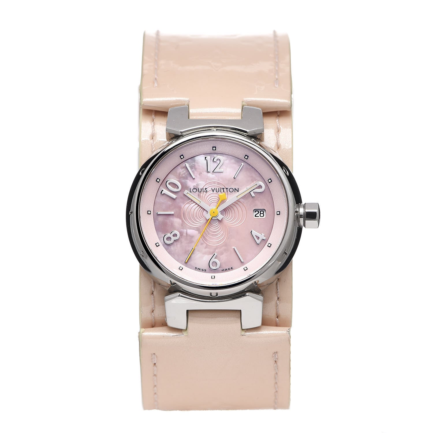 Louis Vuitton Stainless Steel Vernis Pink Mother of Pearl 28mm Tambour Quartz Watch 1 of 8