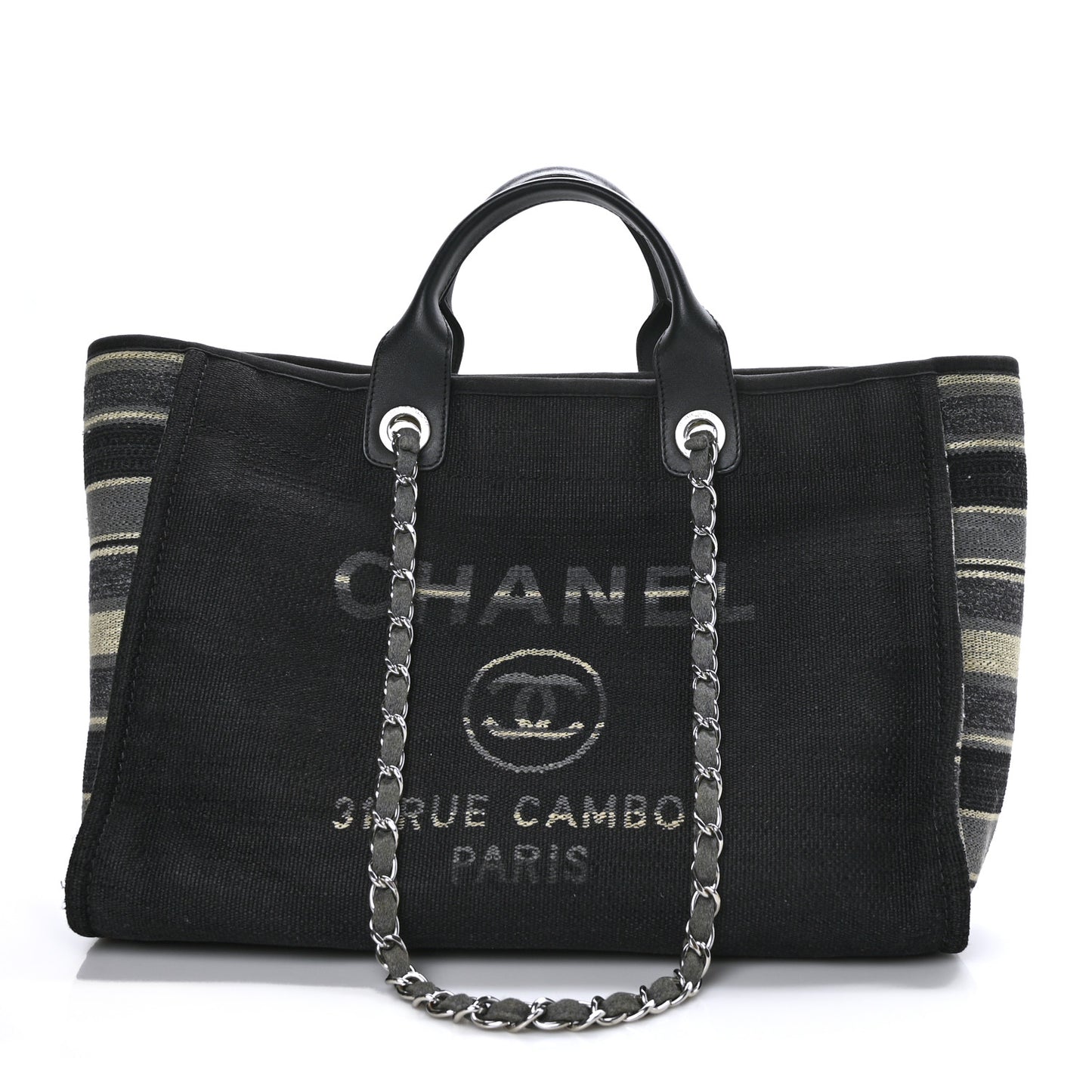 Striped Canvas Medium Deauville Tote Grey Black