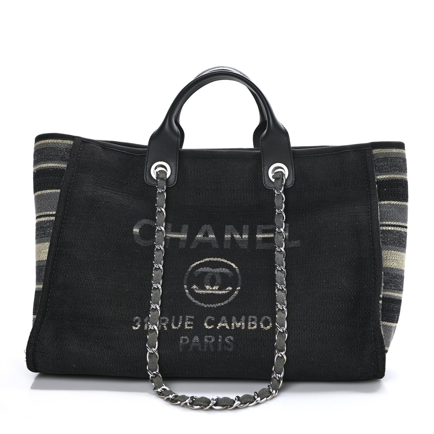 Chanel Striped Canvas Medium Deauville Tote Grey Black 1 of 9