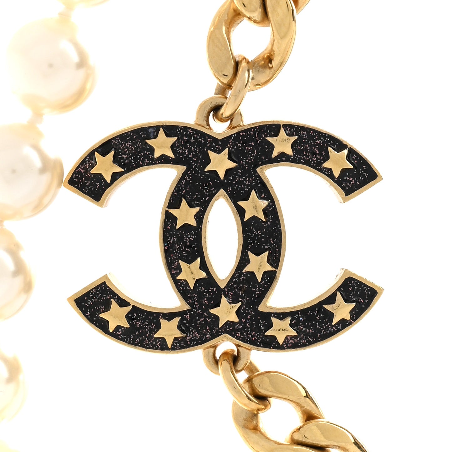 Metal Enamel Pearl Star CC Necklace Gold White