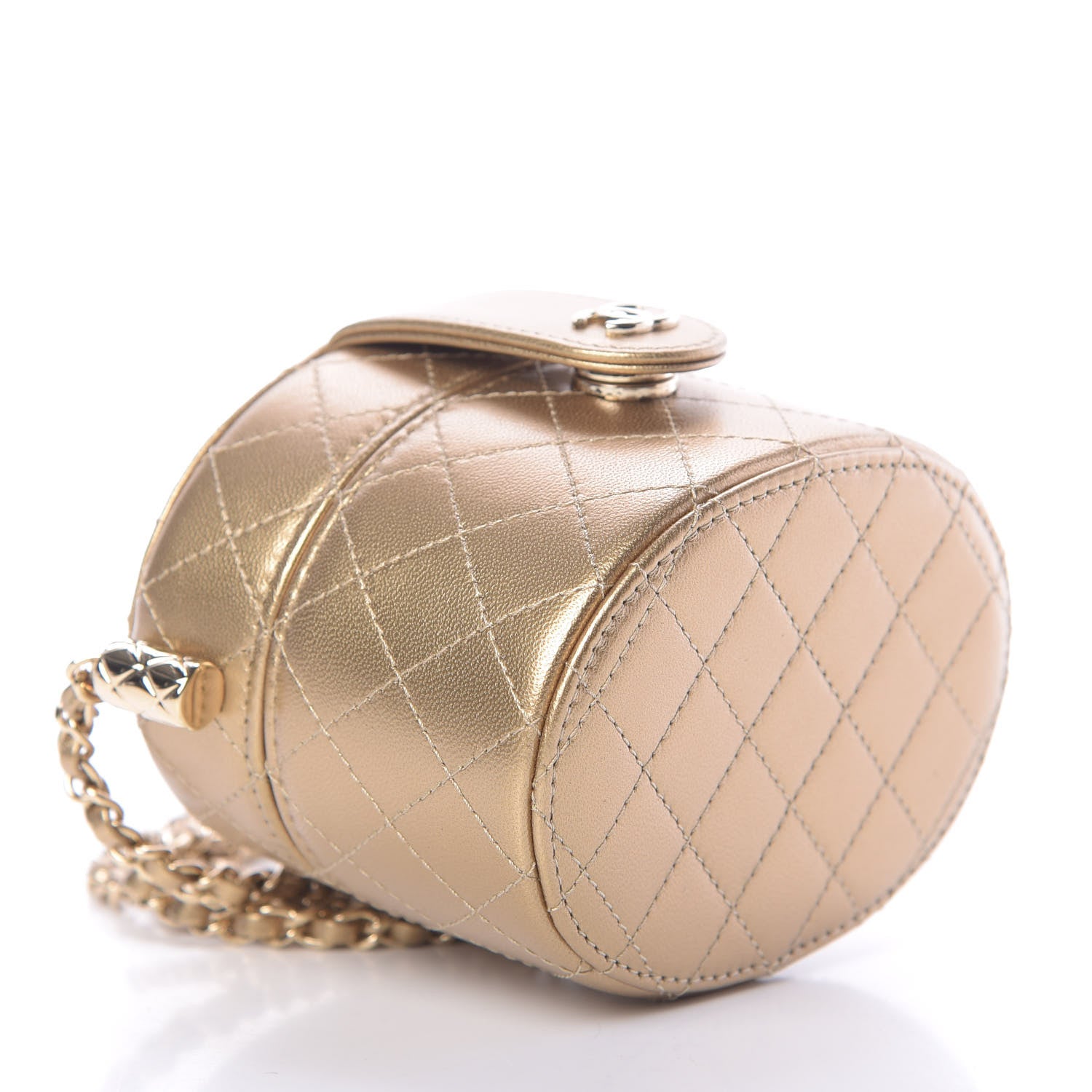 Chanel Metallic Lambskin Quilted Round Mini Vanity Case With Chain Gold 4 of 11