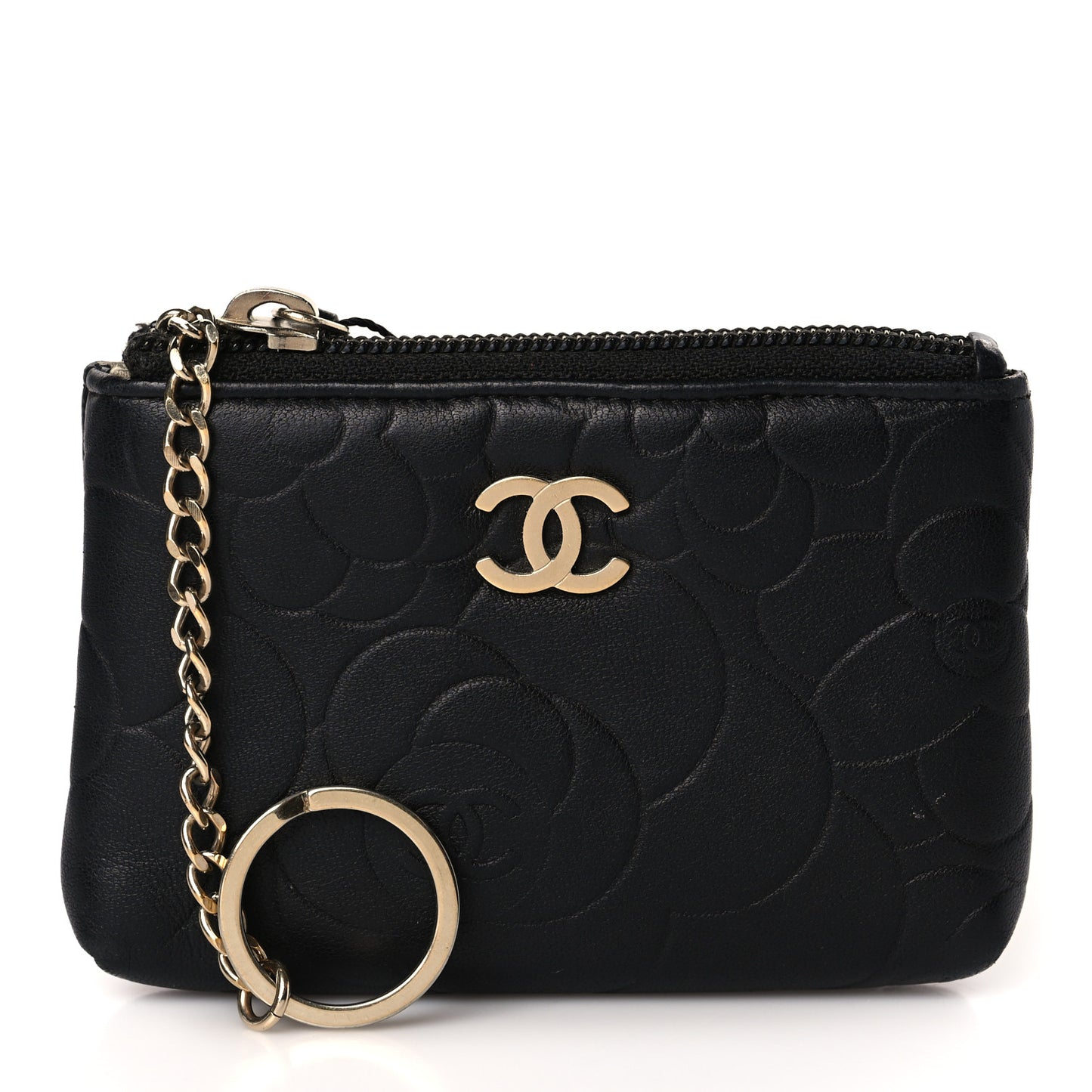 Lambskin Camellia Embossed Key Holder Case Black