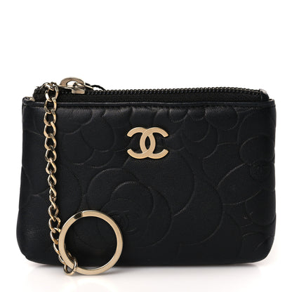 Chanel Lambskin Camellia Embossed Key Holder Case Black 1 of 7