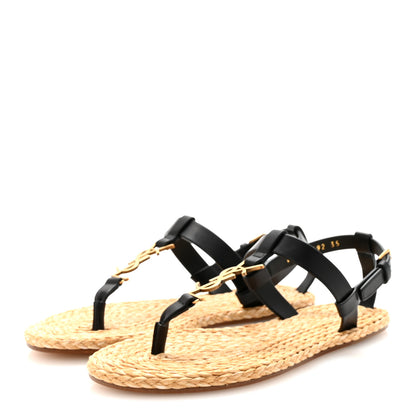 Saint Laurent Calfskin Raffia Cassandra Monogram Sandals 35 Black 4 of 9