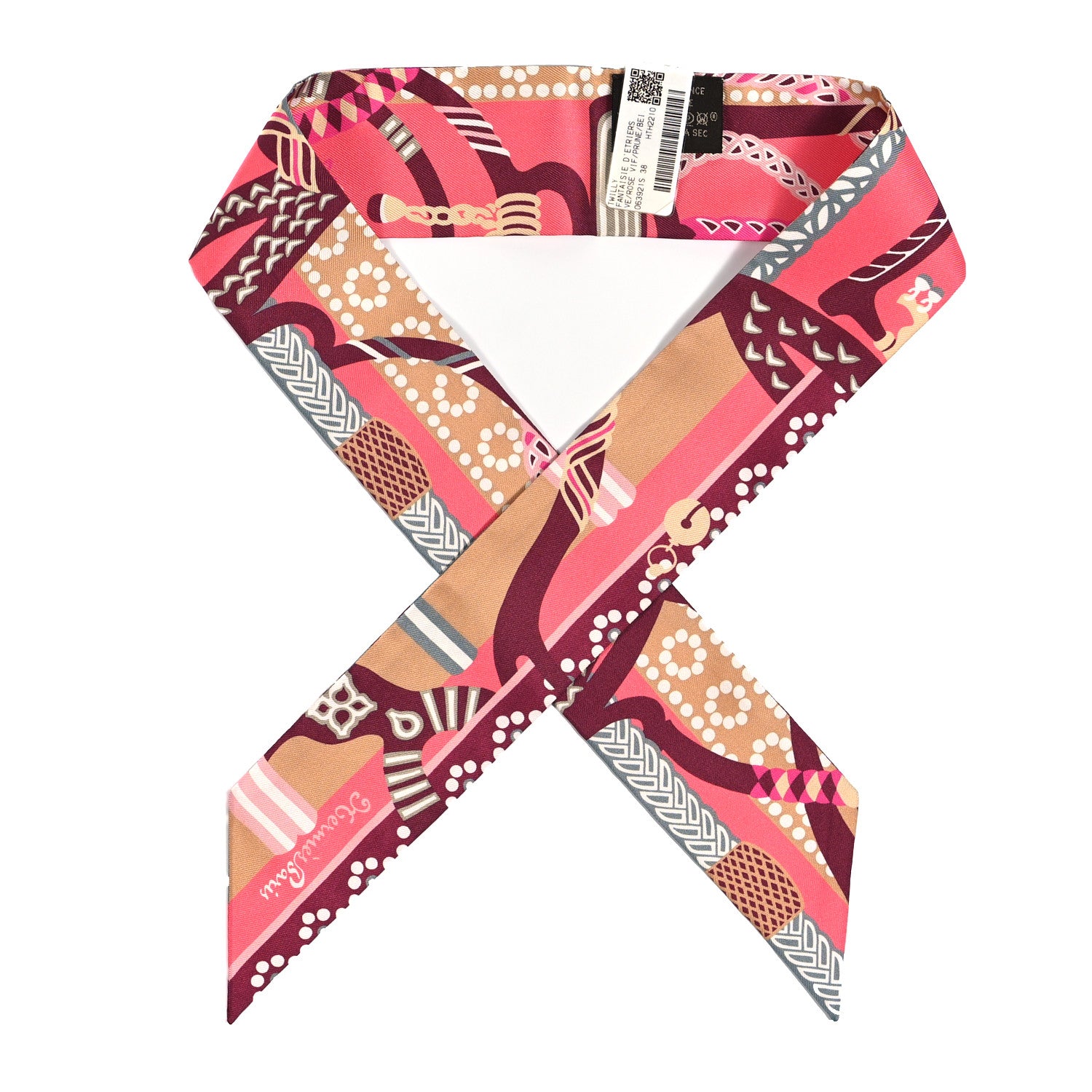 Hermes Silk Fantaisie D'Etriers Twilly Rose Vif Prune Beige 1 of 4