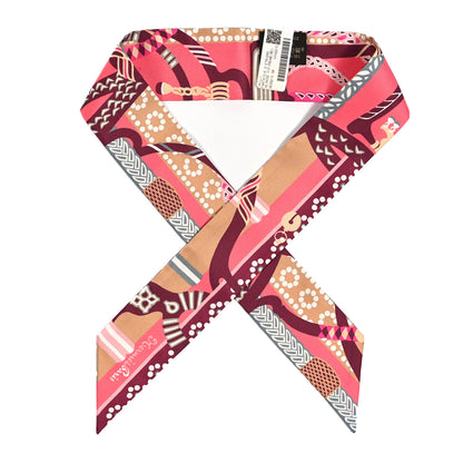 Hermes Silk Fantaisie D'Etriers Twilly Rose Vif Prune Beige 1 of 4