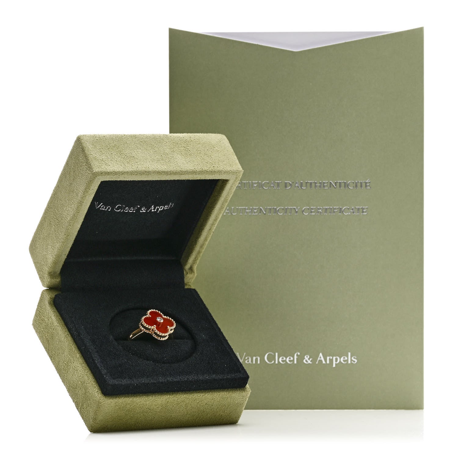 Van Cleef & Arpels 18K Yellow Gold Carnelian Diamond Vintage Alhambra Ring 54 7 6 of 6