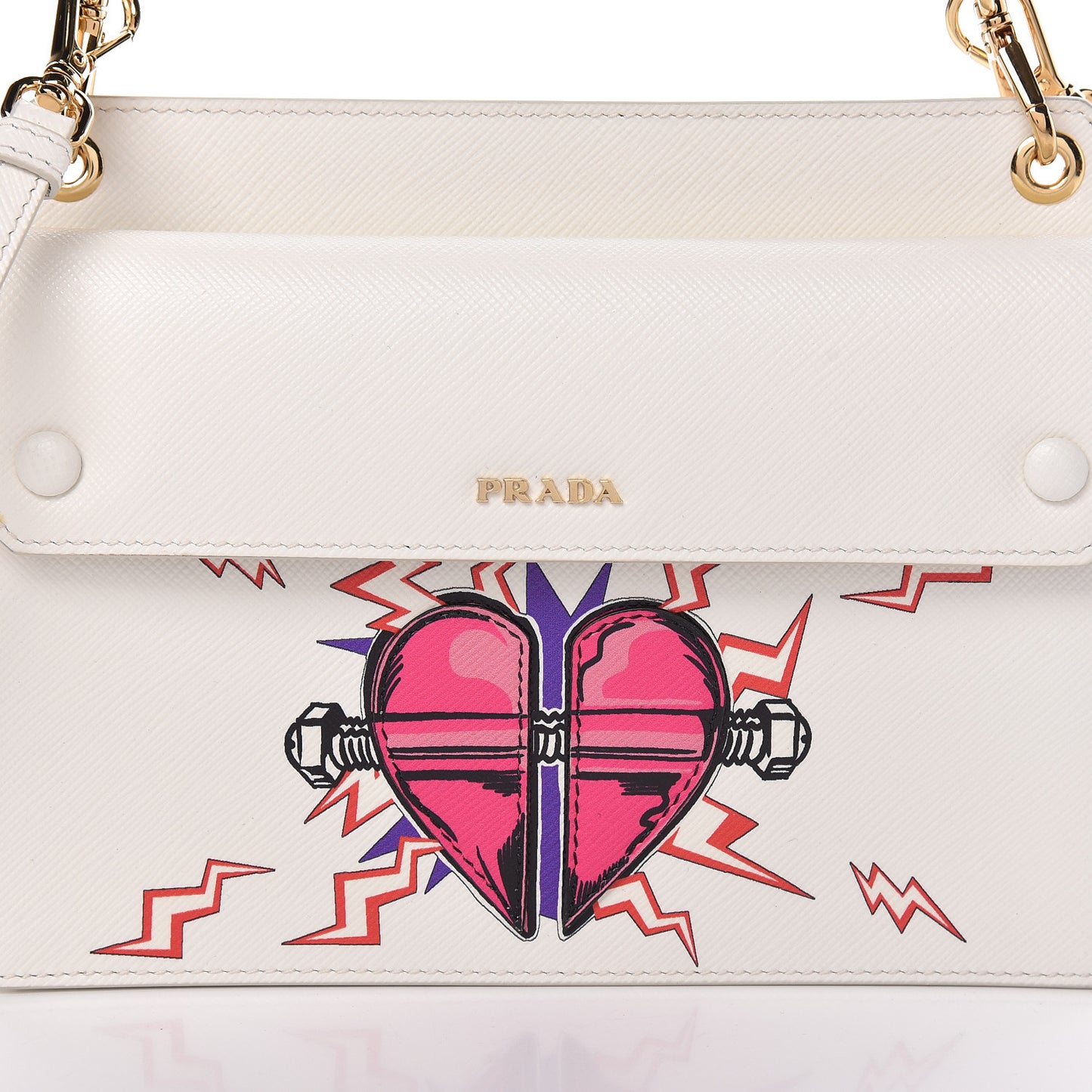 X UNIVERSAL STUDIOS Saffiano Frankenstein Heart Top Handle Flap Bag White Fuxia
