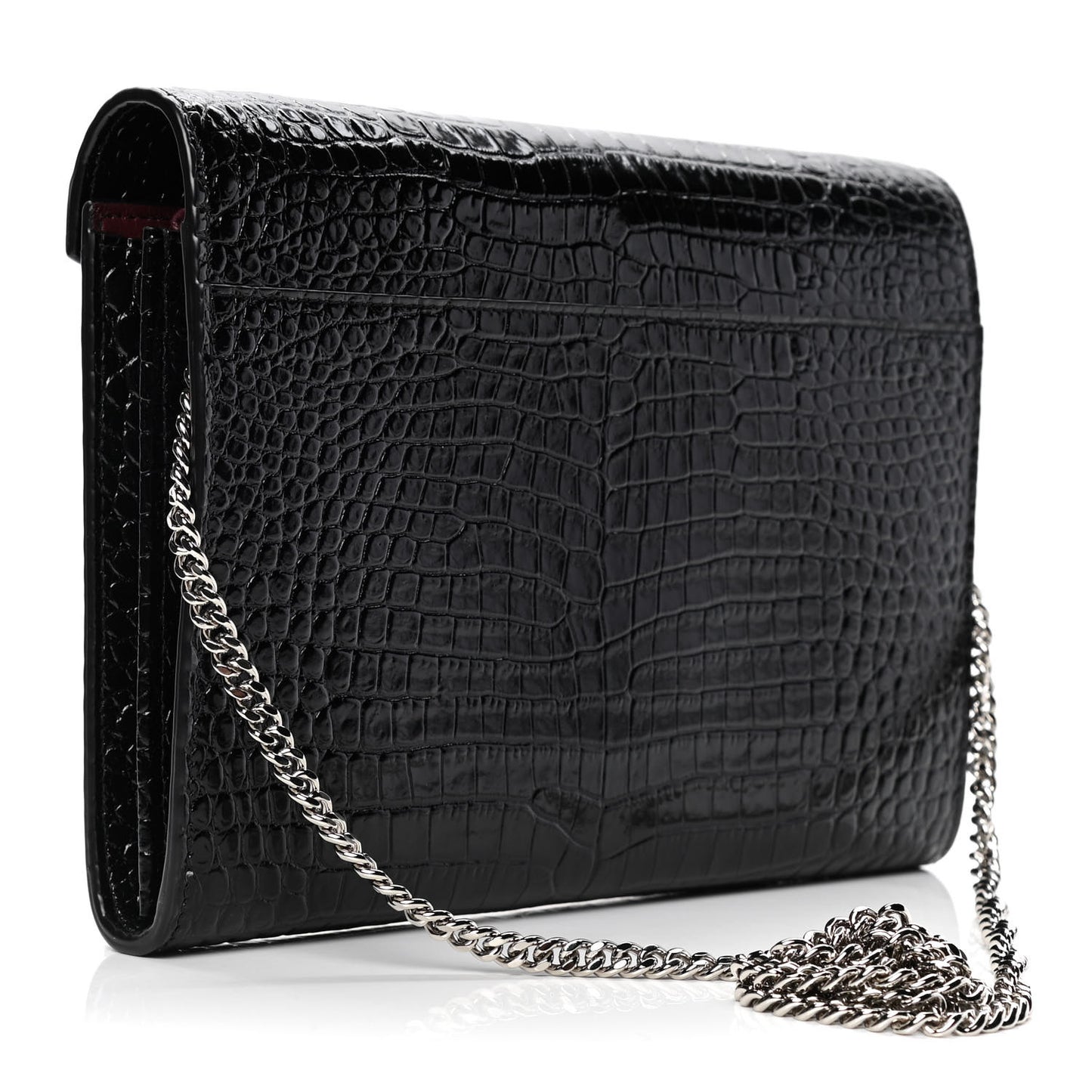 Patent Calfskin Crocodile Embossed Monogram Cassandra Chain Wallet Black