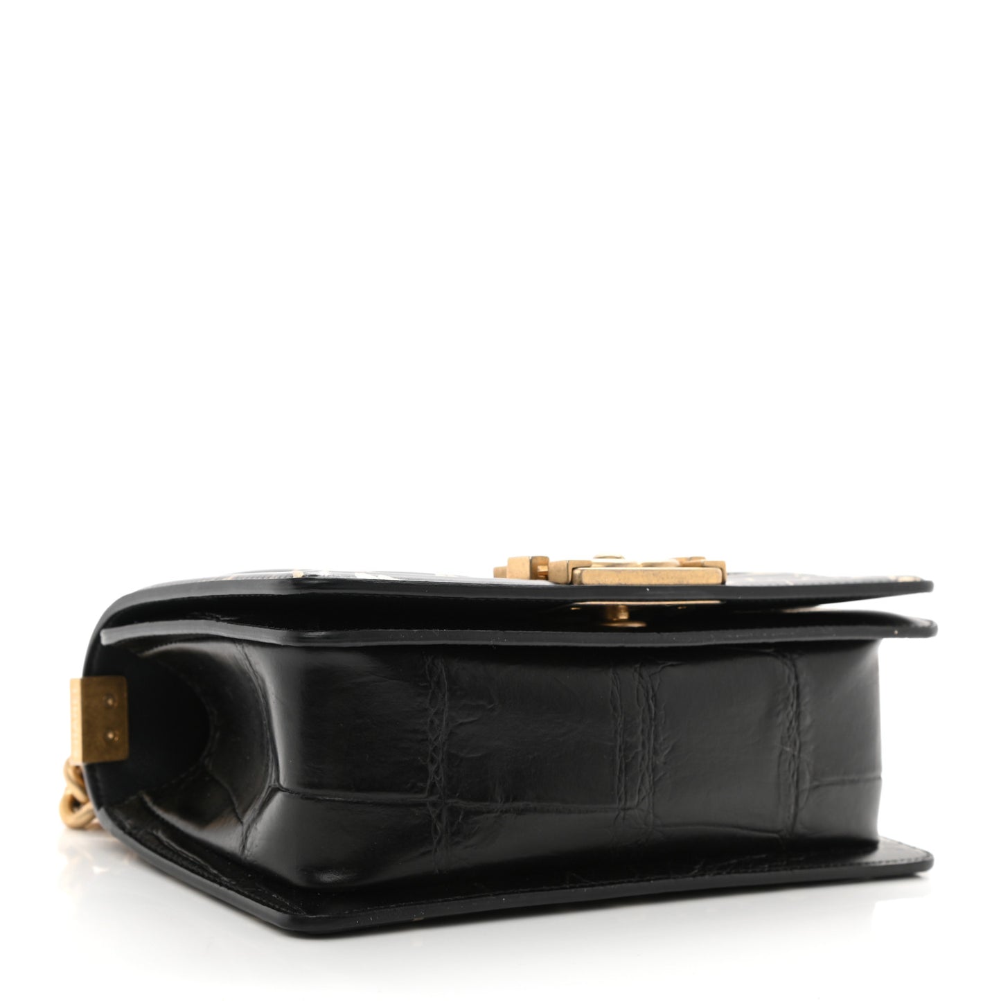Calfskin Crocodile Embossed Graffiti Cocodile Small Boy Flap Black Gold