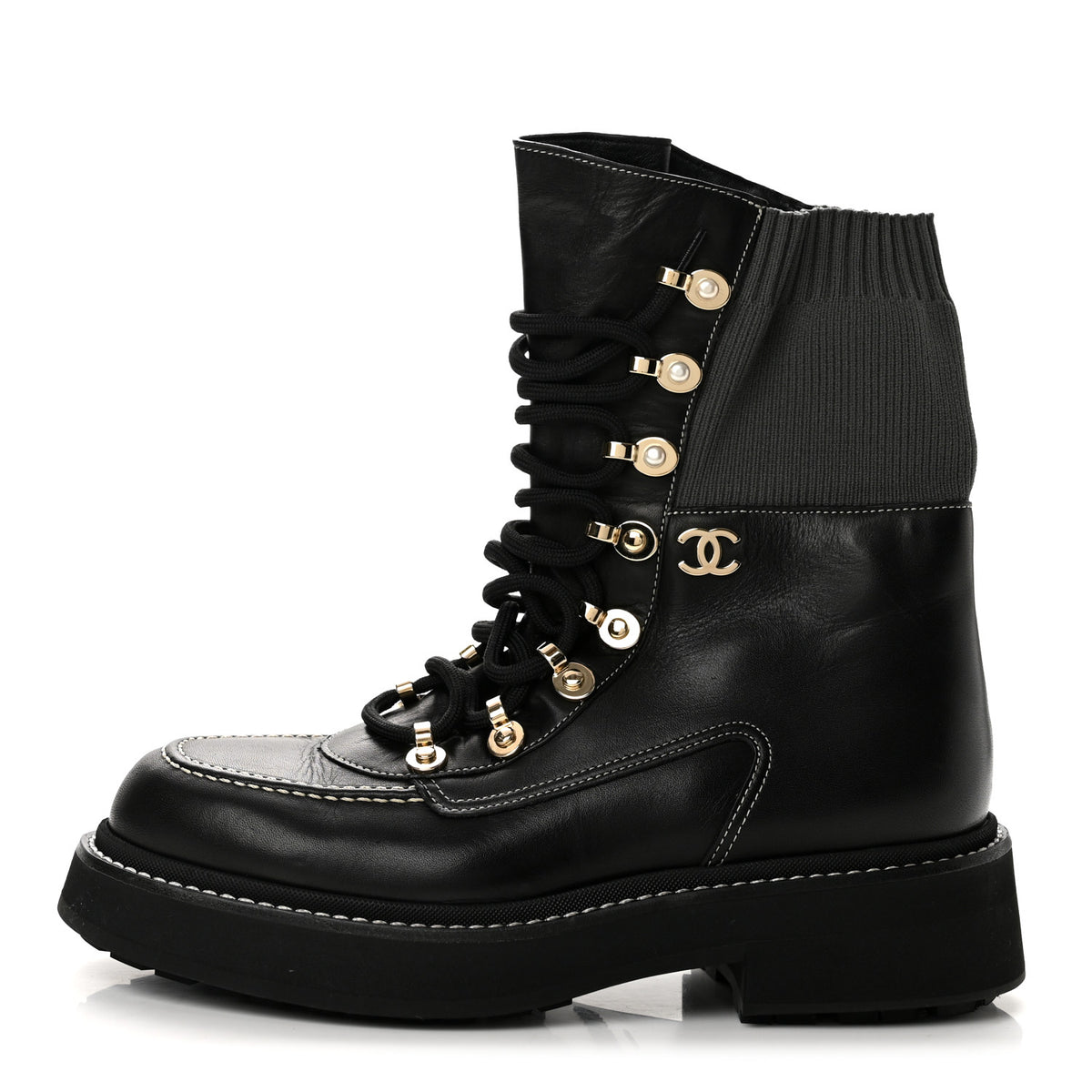 Chanel Calfskin Knit Lace Up Combat Boots 38.5 Black Dark Grey 1 of 10
