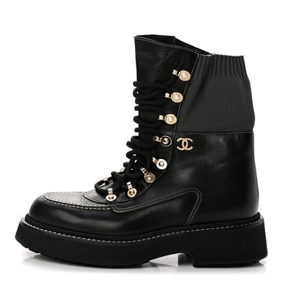 Chanel Calfskin Knit Lace Up Combat Boots 38.5 Black Dark Grey 1 of 10