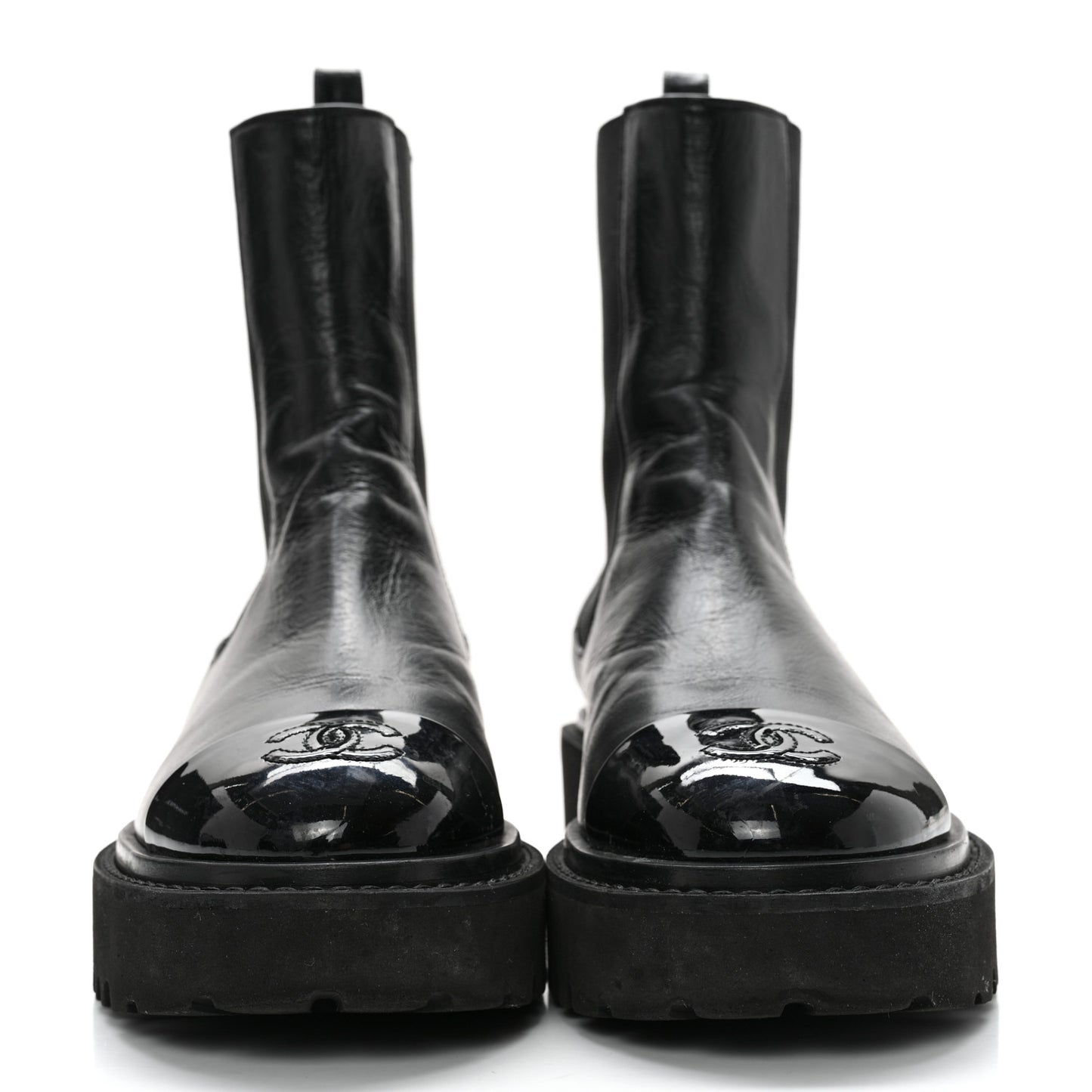 Crumpled Calfskin Patent Cap Toe Short Boots 36.5 Black