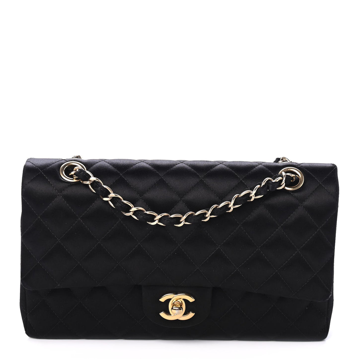 Satin Quilted Medium Double Flap Black