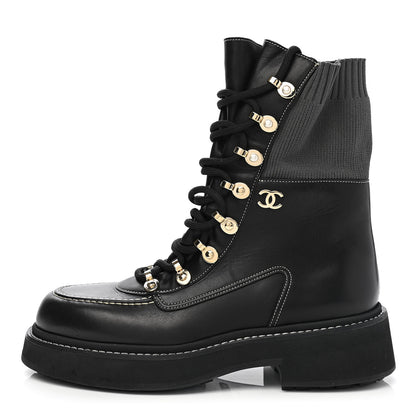 Chanel Calfskin Knit Lace Up Combat Boots 39 Black 1 of 9