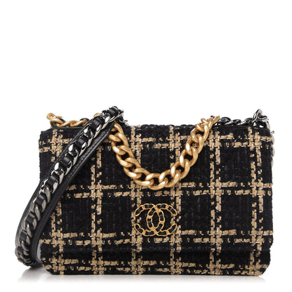 Chanel Tweed Quilted Chanel 19 Wallet On Chain WOC Black Beige 1 of 12