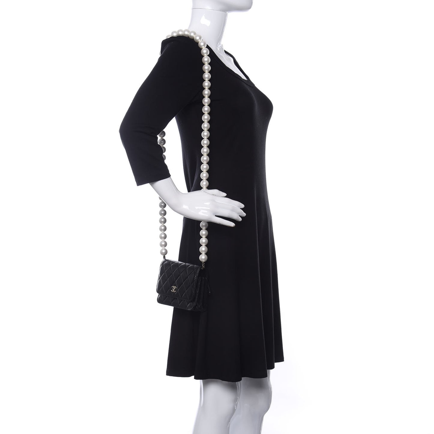 Calfskin Quilted Mini Maxi Pearls Wallet On Chain WOC Black