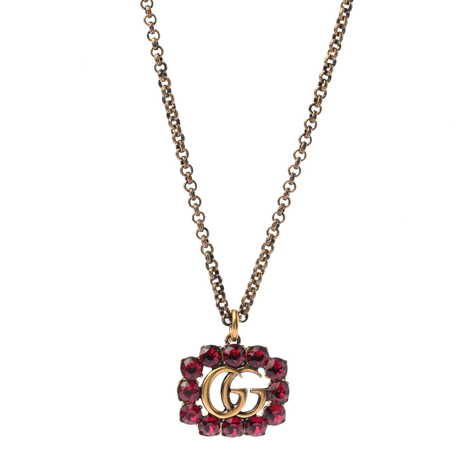 Gucci Crystal Embellished Double G Necklace Aged Gold Red 1 of 5