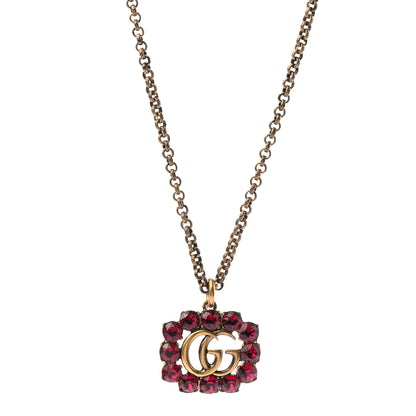 Gucci Crystal Embellished Double G Necklace Aged Gold Red 1 of 5