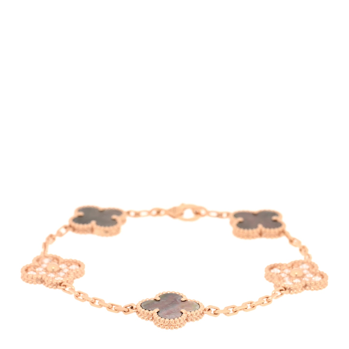 18K Rose Gold Diamond Gray Mother of Pearl 5 Motifs Vintage Alhambra Bracelet