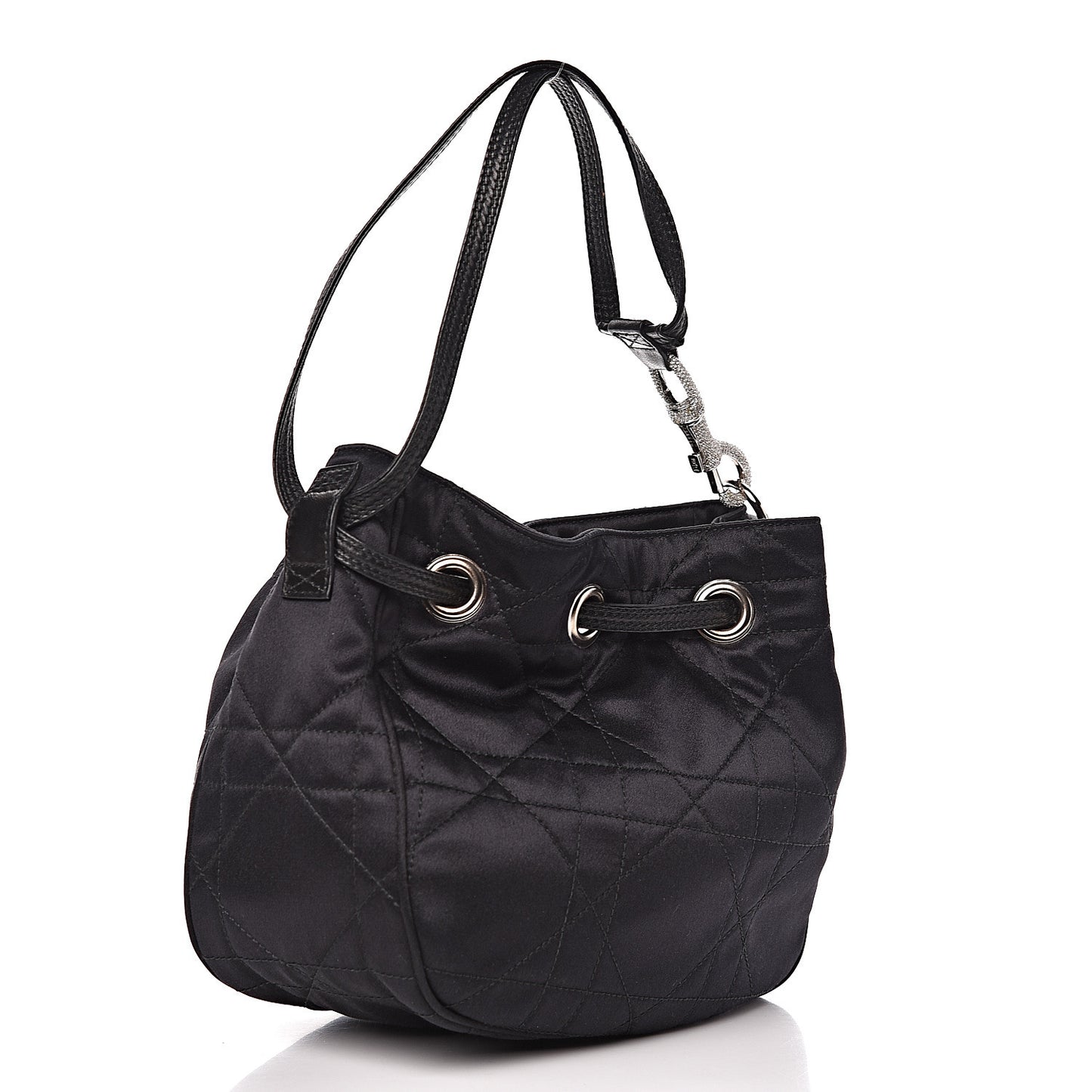Satin Crystal Cannage Drawstring Bag Black