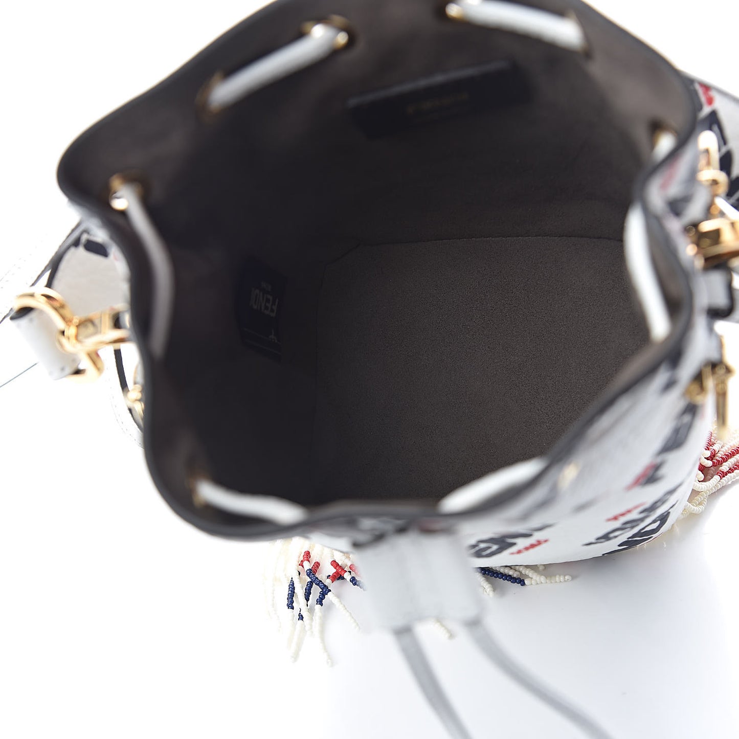 X FILA Calfskin F is Fendi Mania Fringe Mini Mon Tresor Bucket Bag White
