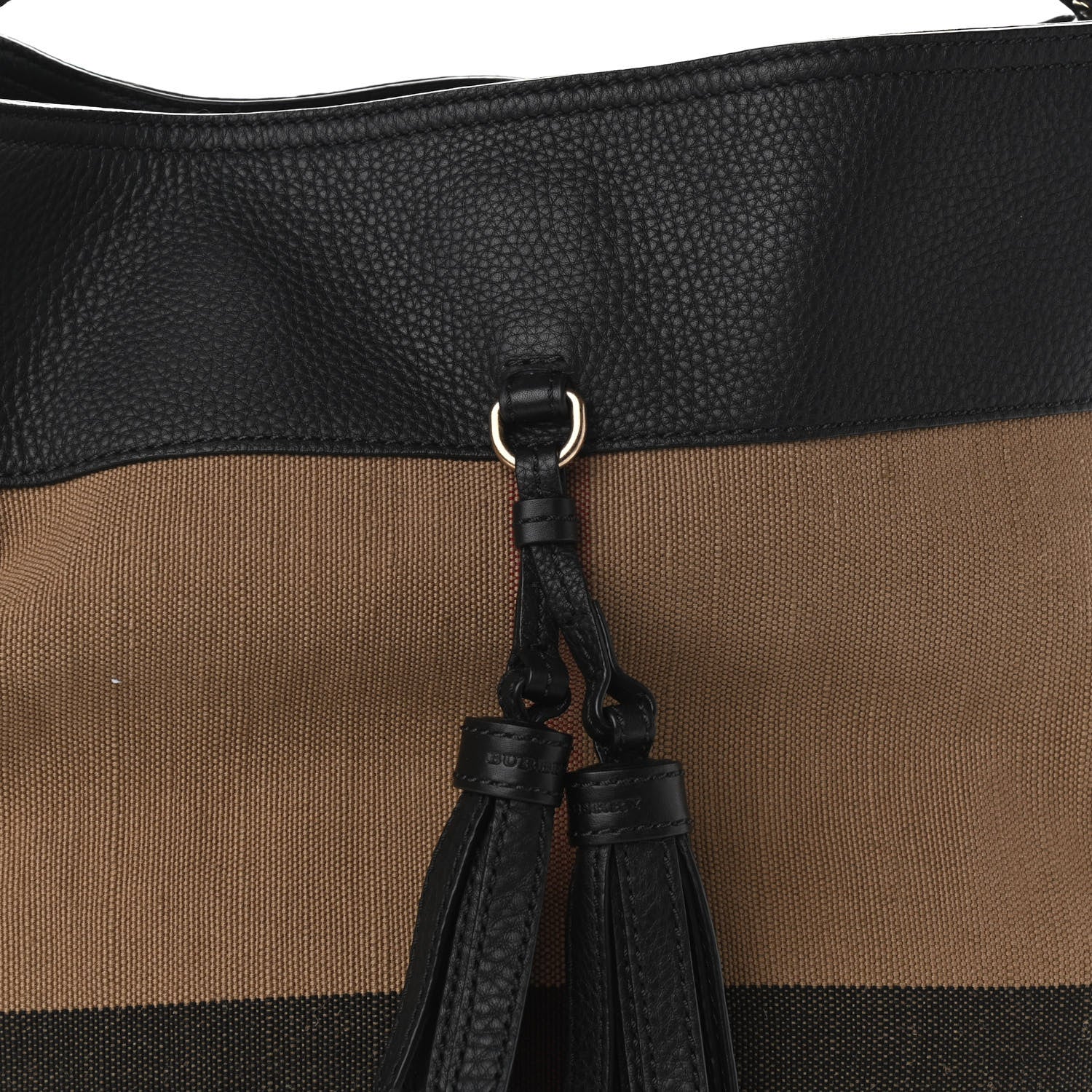 Burberry Grainy Calfskin Canvas Mega Check Medium Ashby Tassel Hobo Black 9 of 14