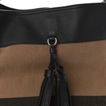 Burberry Grainy Calfskin Canvas Mega Check Medium Ashby Tassel Hobo Black 9 of 14