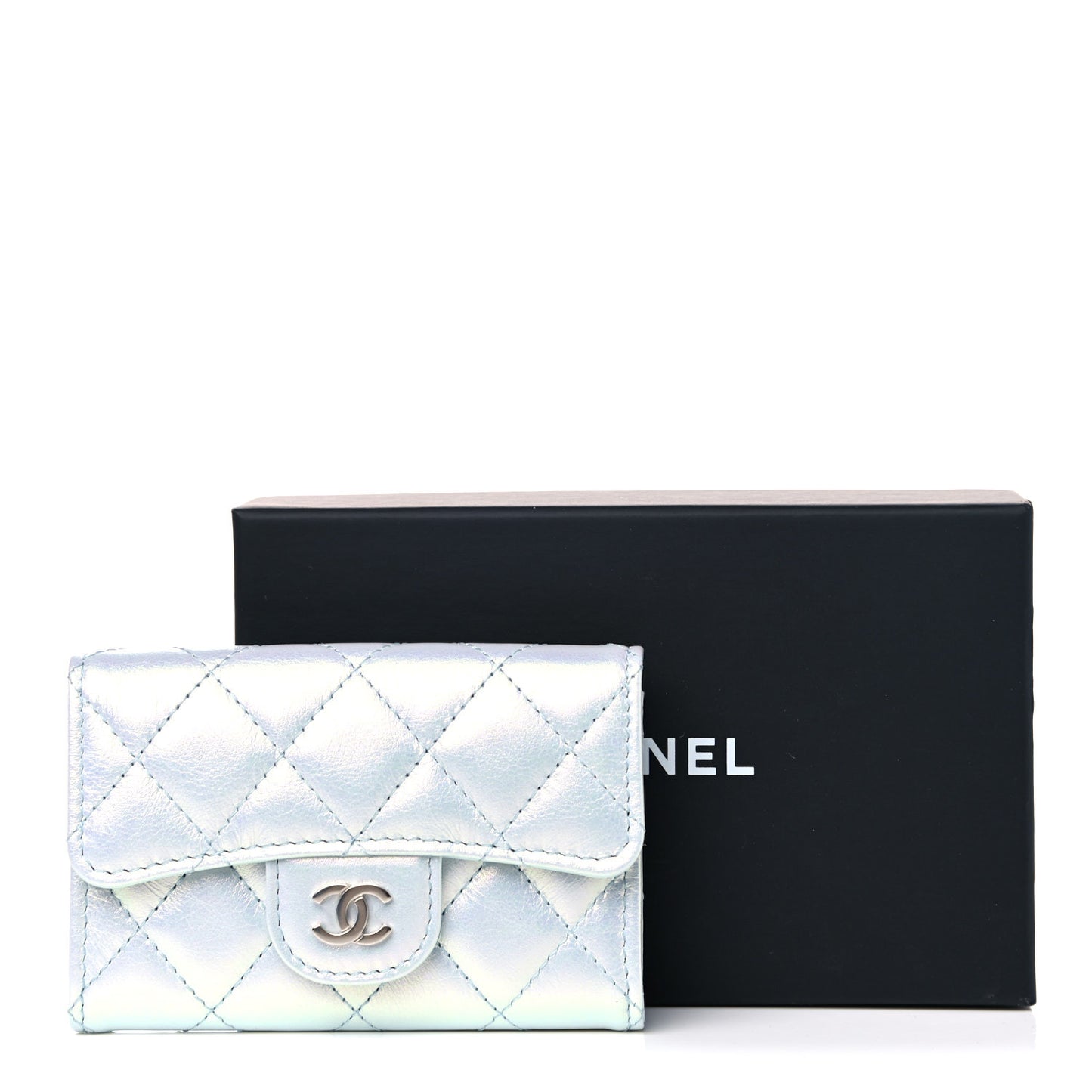 Iridescent Calfskin Quilted Flap Card Holder Light Blue
