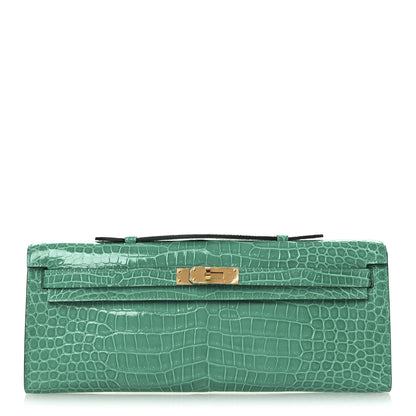 Hermes Shiny Porosus Crocodile Kelly Cut Pochette Vert Jade 1 of 12
