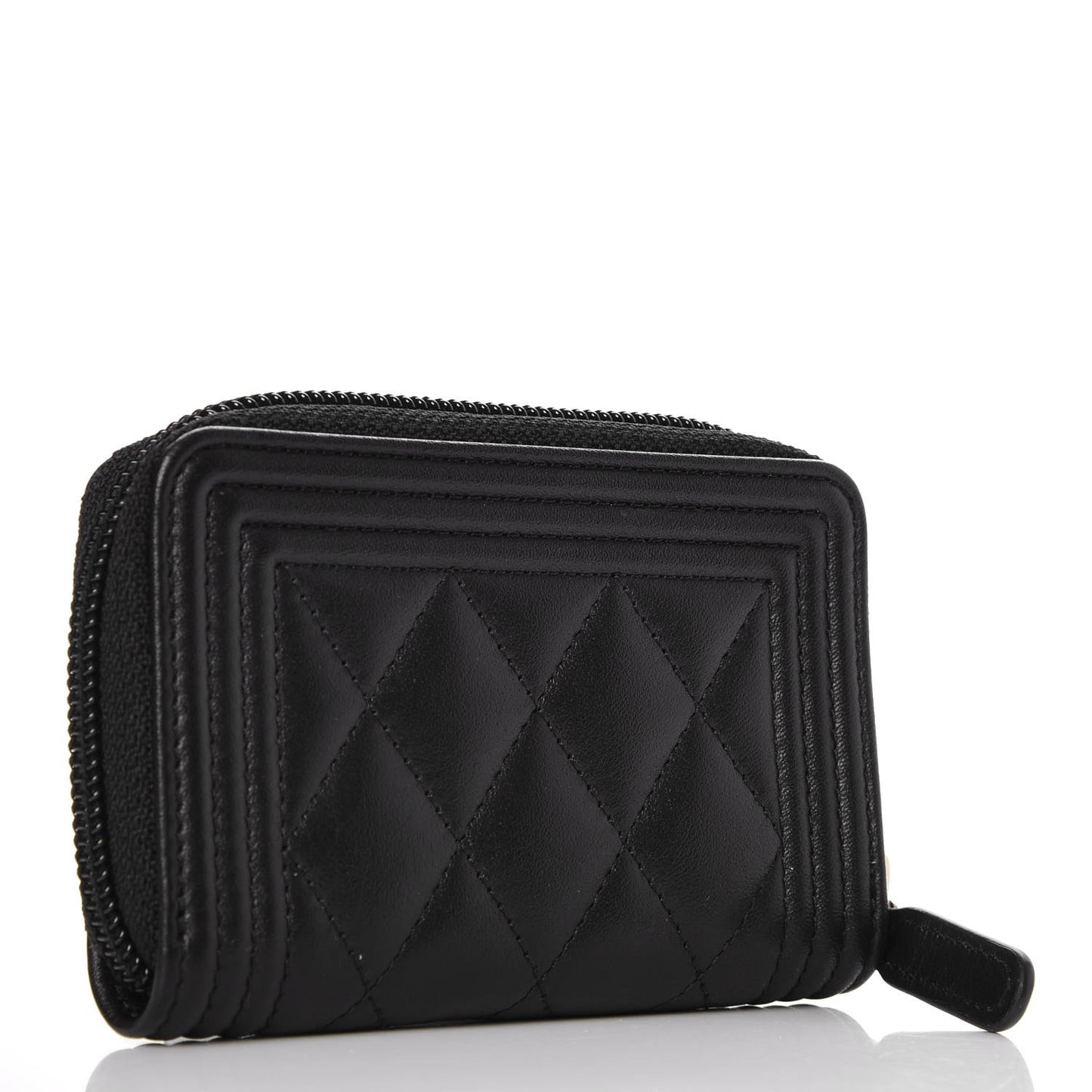 Calfskin Quilted Zip Around Boy Coin Purse Wallet Black