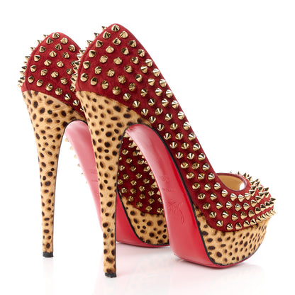 Christian Louboutin Veau Velours Calf Hair Leopard Lady Peep Spikes 150 Pumps 39.5 Red 4 of 11