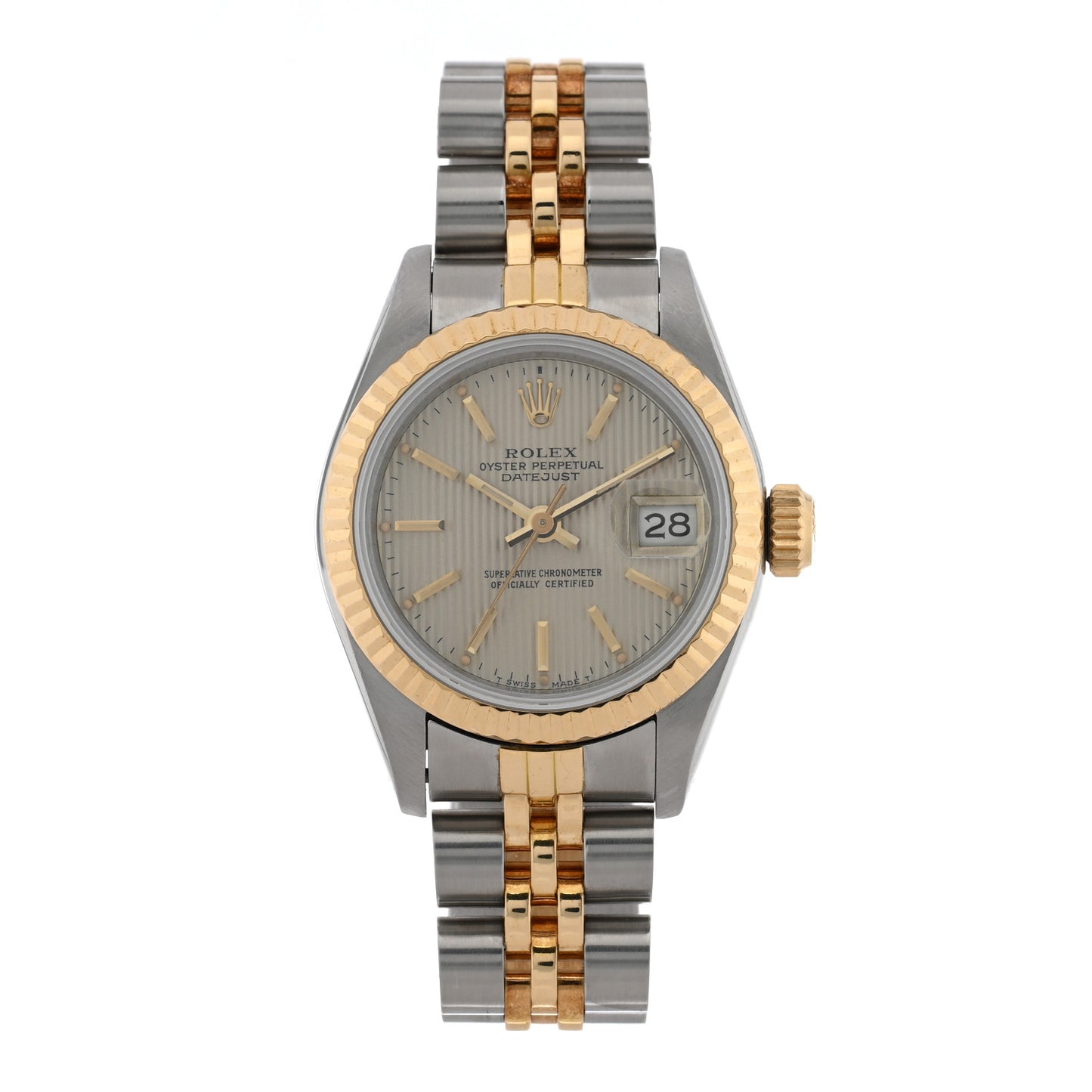 Stainless Steel 18K Yellow Gold 26mm Oyster Perpetual Datejust Watch Silver Tapestry 69173