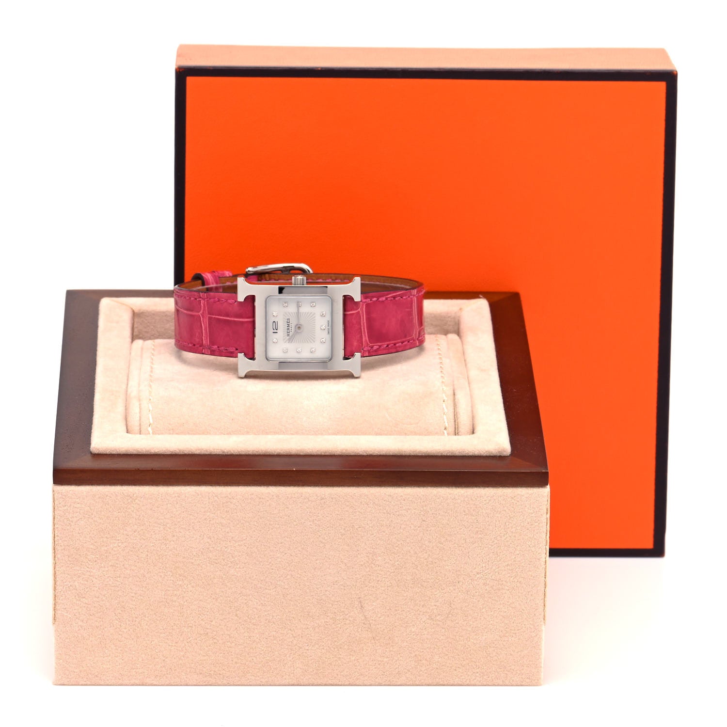 Hermes Stainless Steel Alligator Diamond Mother of Pearl 21mm Heure H Hour Quartz Watch Framboise 5 of 5