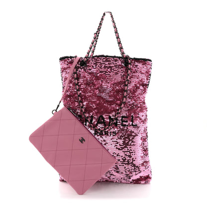 Chanel Sequin Logo Shopping Tote Pink Black 3 of 12