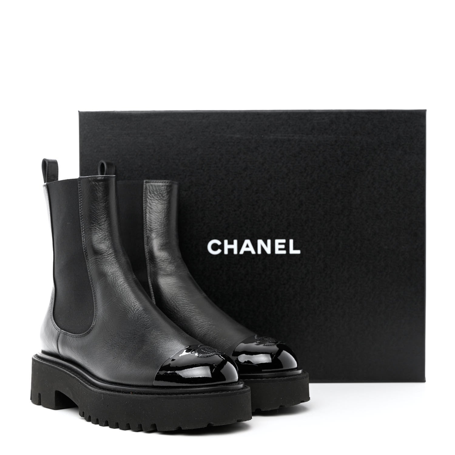 Chanel Crumpled Calfskin Patent Cap Toe Short Boots 37 Black 9 of 9