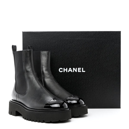 Chanel Crumpled Calfskin Patent Cap Toe Short Boots 37 Black 9 of 9