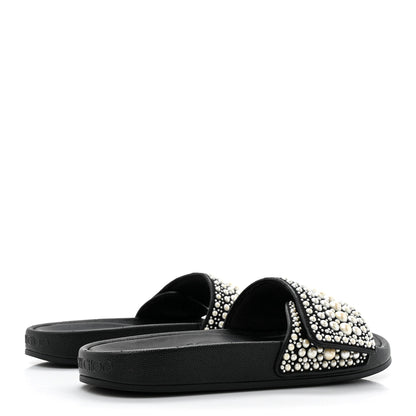 Jimmy Choo Canvas Pearl Embellished Fitz Slide Sandals 39 Black 5 of 9