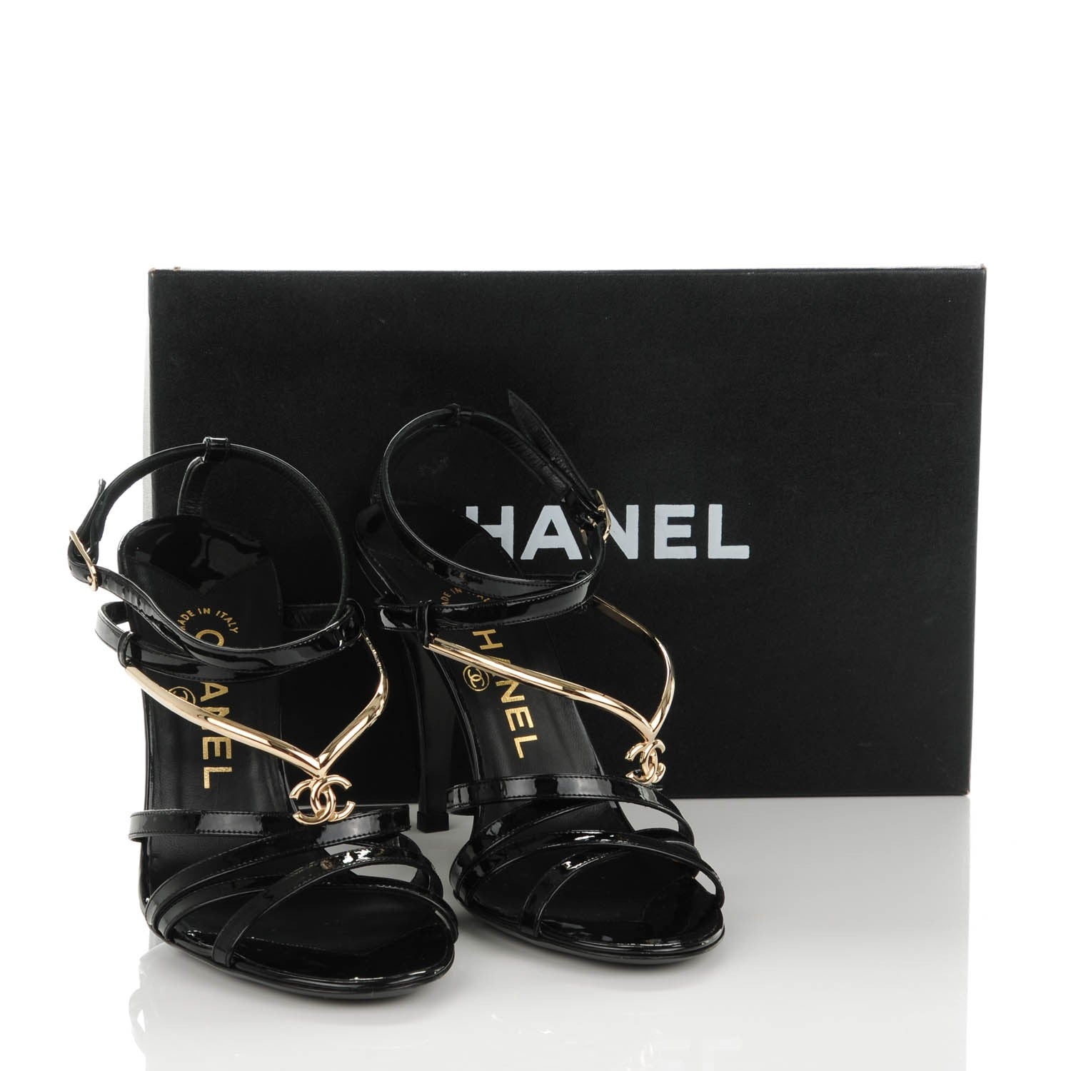 Chanel Patent CC Sandals 38 Black Gold 5 of 8
