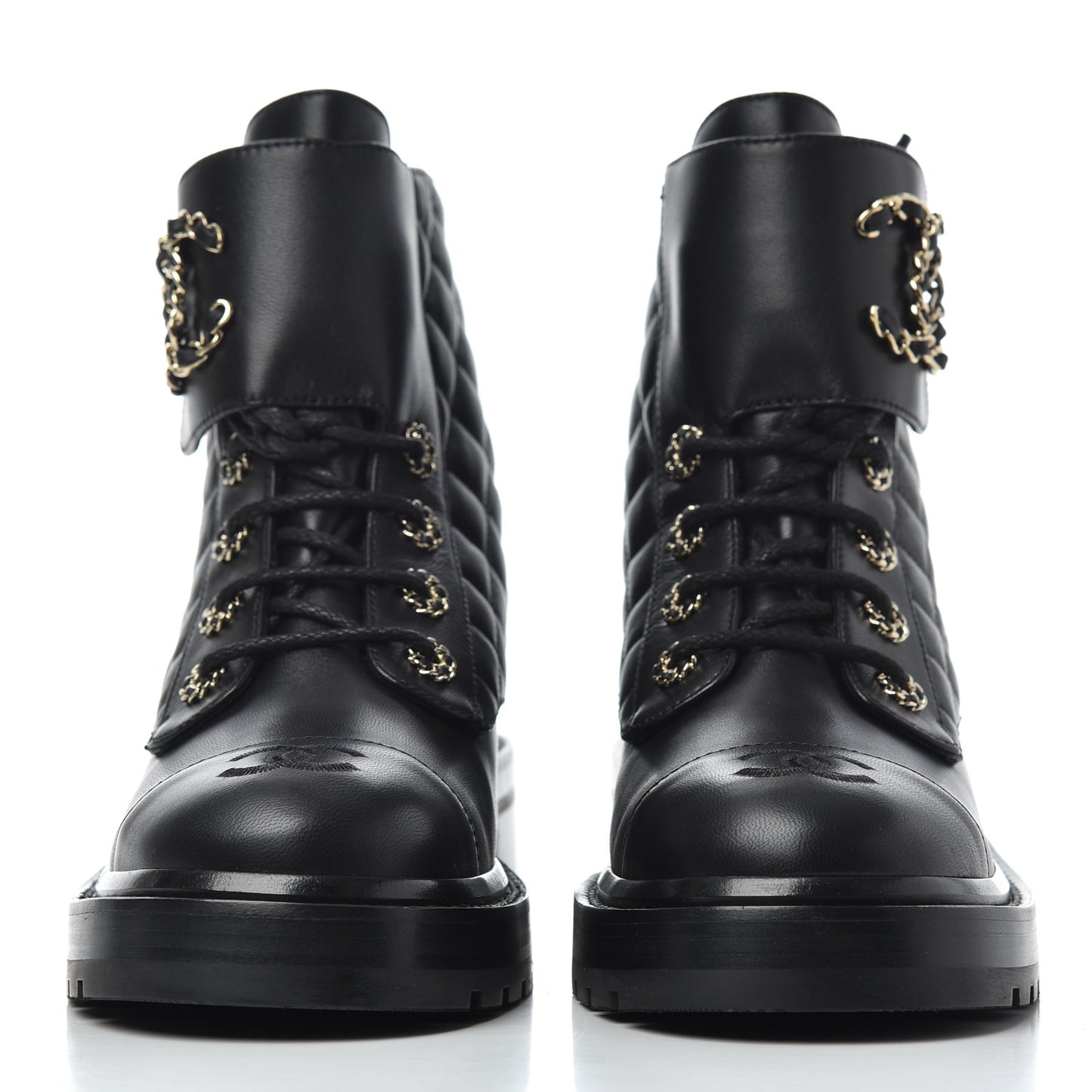 Shiny Lambskin Quilted Lace Up Combat Boots 38.5 Black