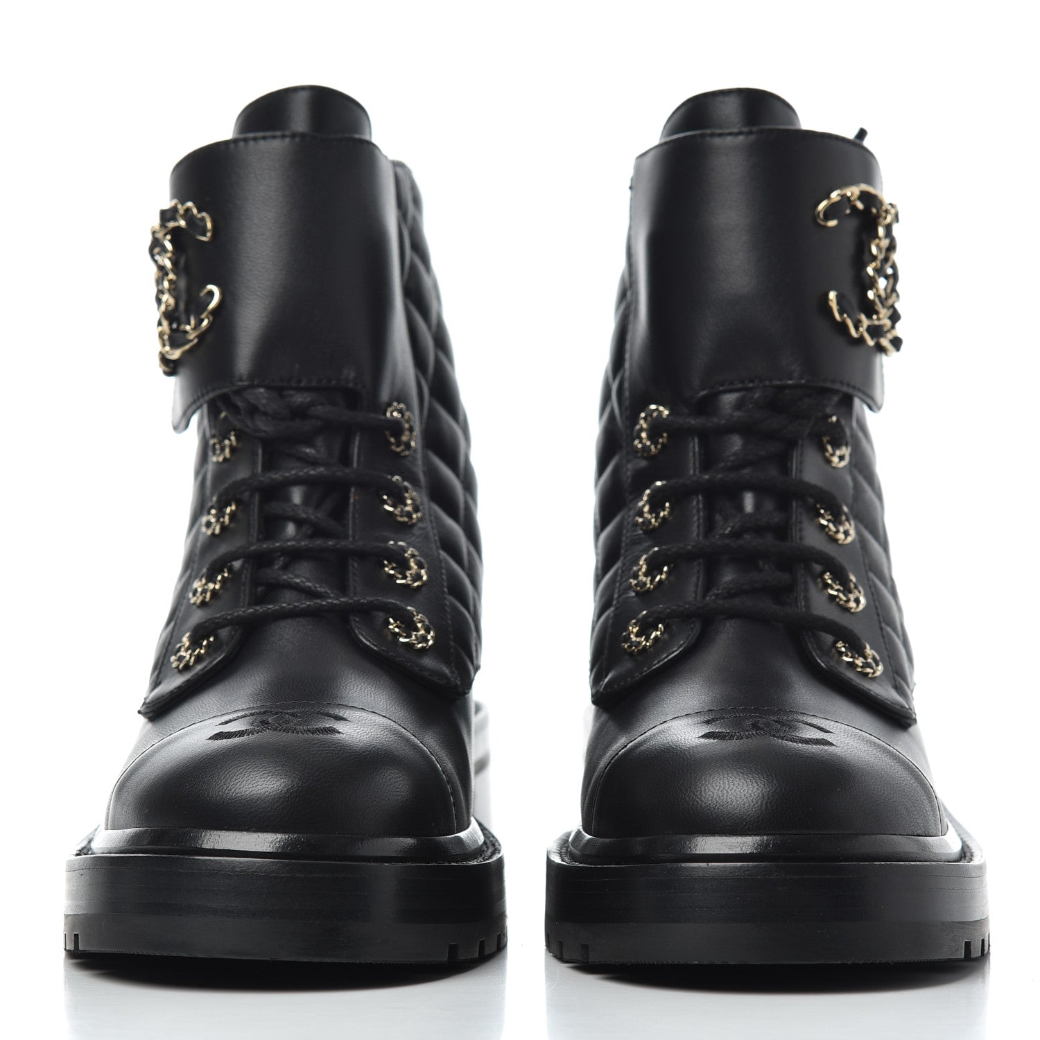 Chanel Shiny Lambskin Quilted Lace Up Combat Boots 38.5 Black 2 of 9