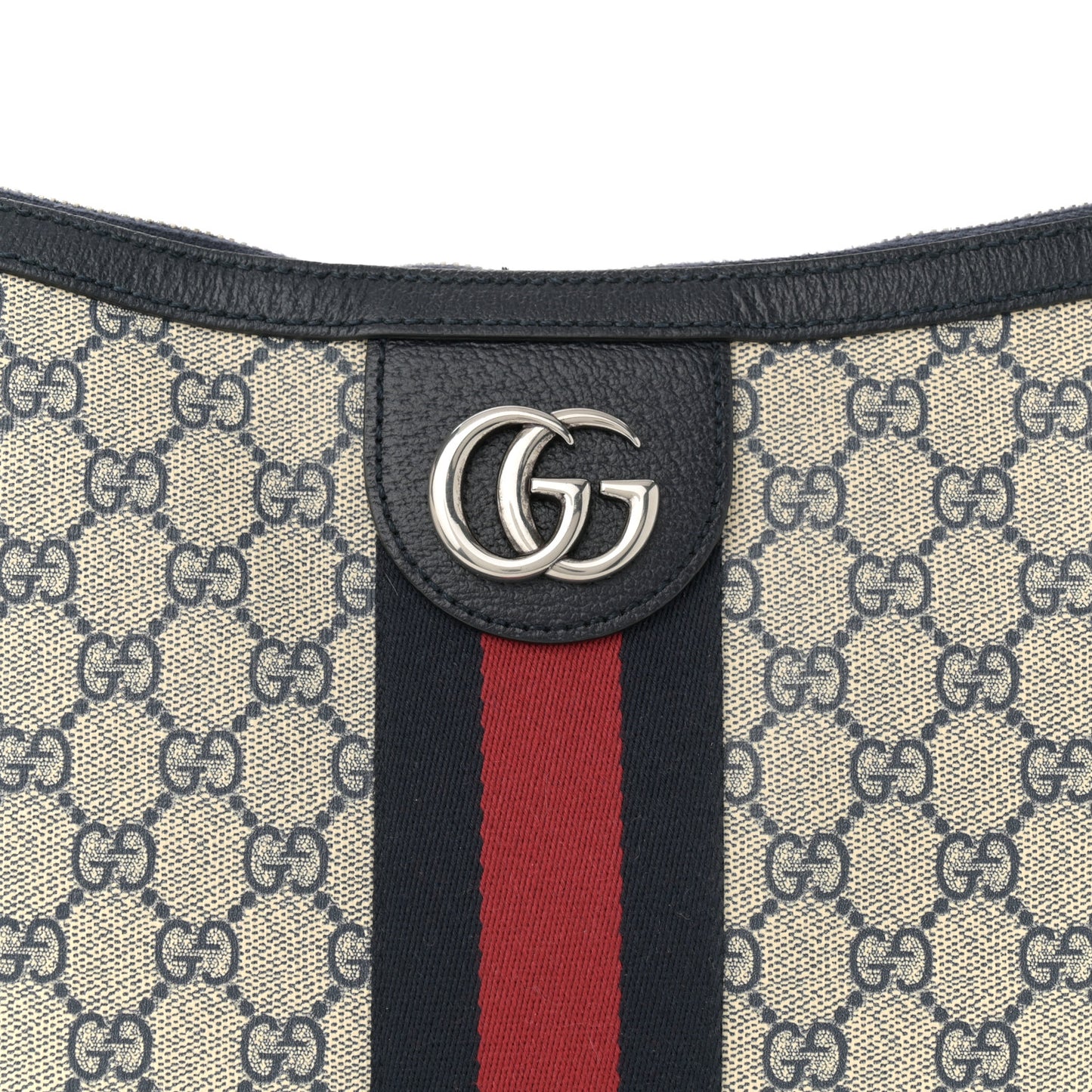 GG Supreme Monogram Textured Dollar Calfskin Web Small Ophidia Half Moon Hobo Beige Blue