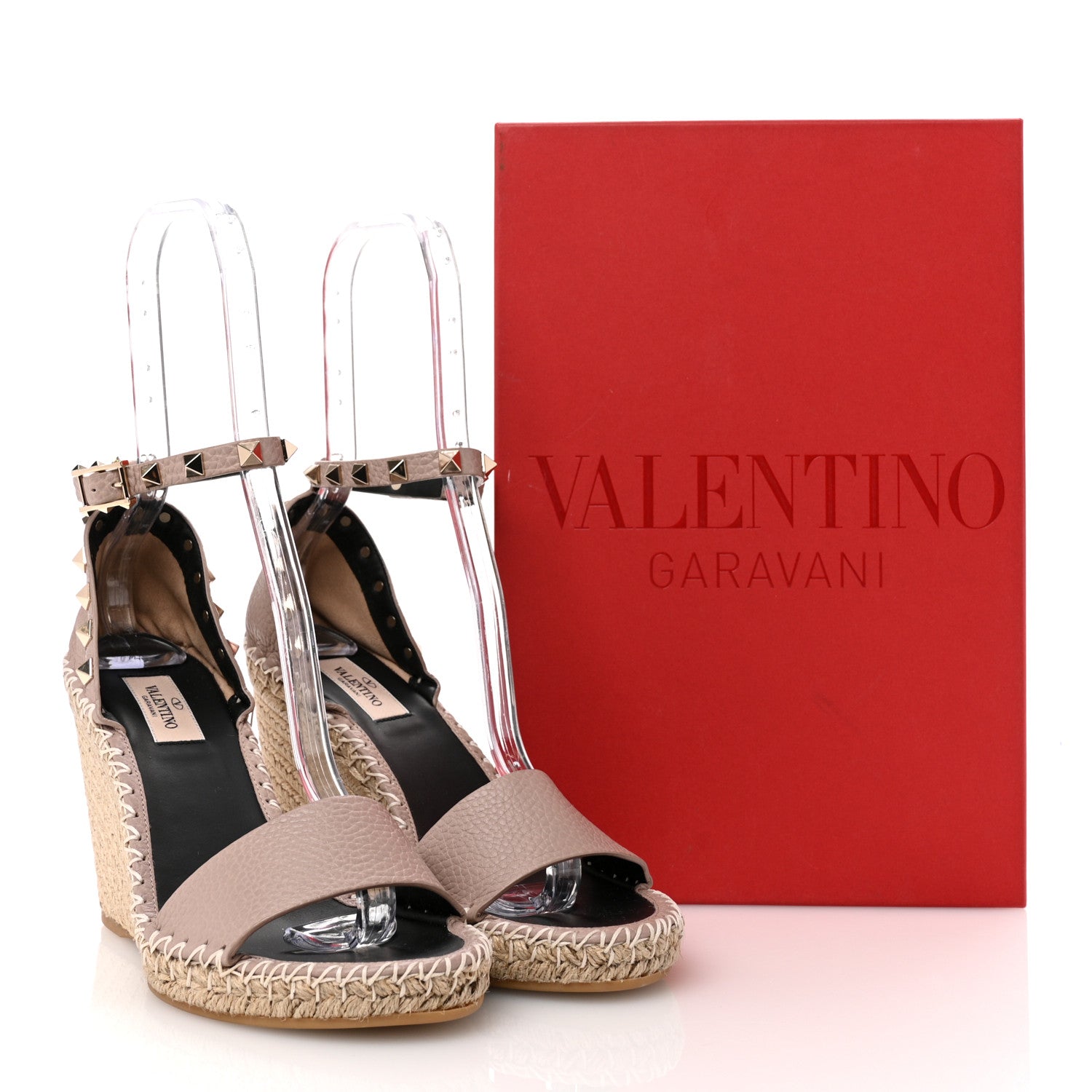 Valentino Garavani Grained Calfskin Rockstud Ankle Strap Espadrille 15/105mm Wedge Sandals 39 Poudre Natural 12 of 12