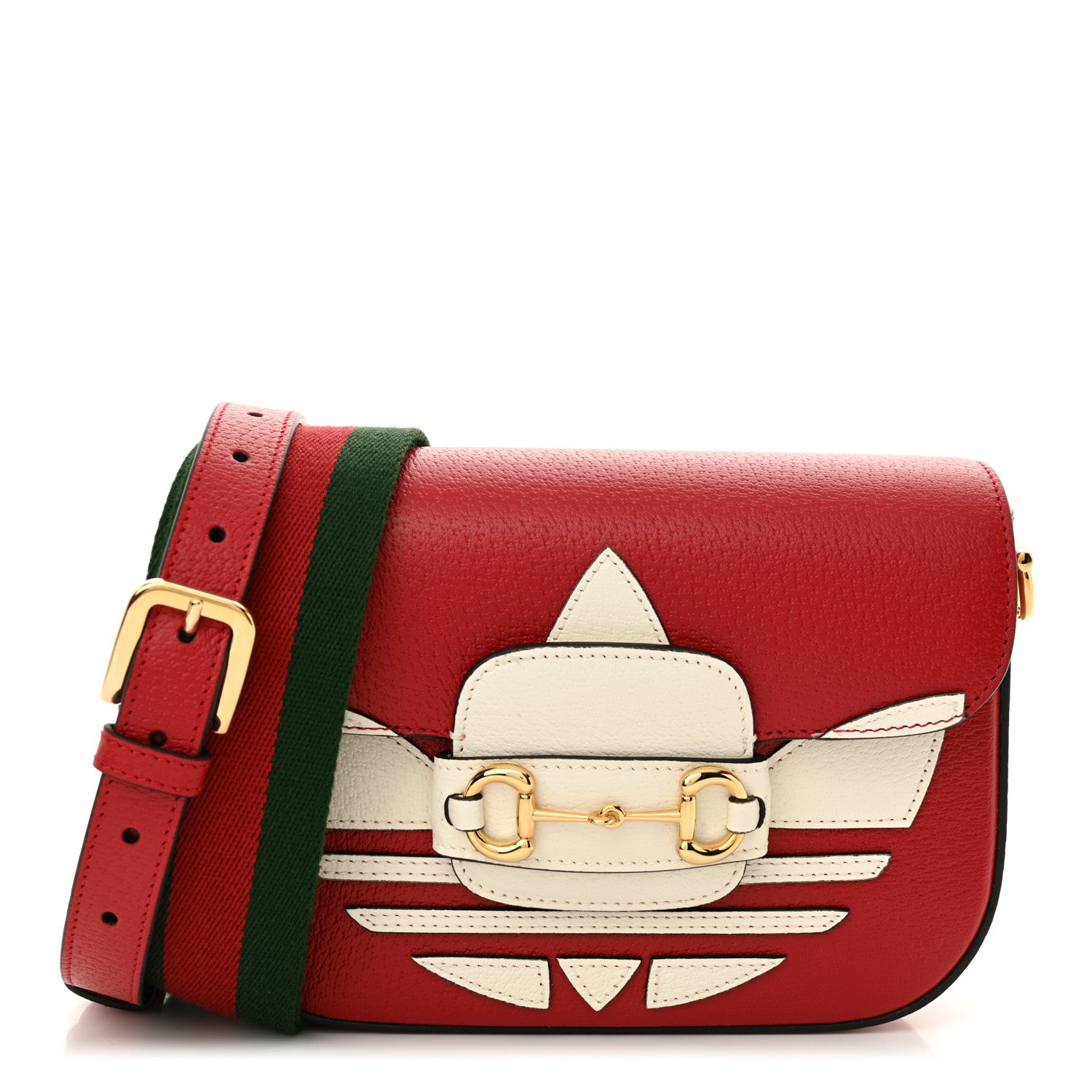 Gucci X ADIDAS Textured Dollar Calfskin Web Trefoil Mini Horsebit 1955 Shoulder Bag Hibiscus Red Off White 1 of 10